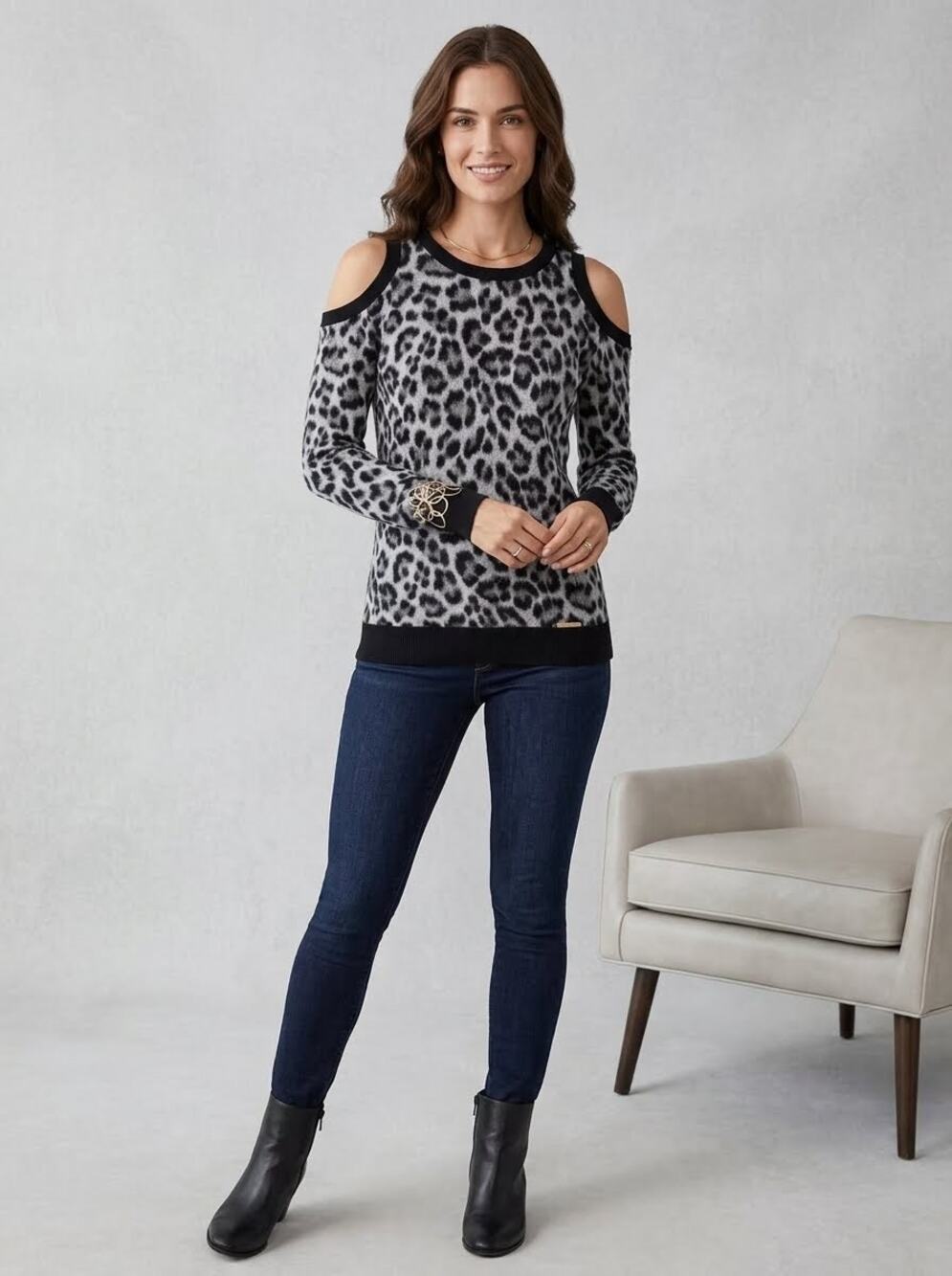 Michael Kors Cold Shoulder Leopard Print Knit Long Sleeve Sweater Extra Small